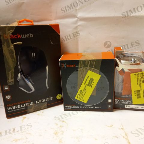 LOT OF 3 ASSORTED BLACK WEB ITEMS TO INCLUDE WIRELESS MOUSE, WIRELESS CHARGING PAD, CHARGE CABLE 