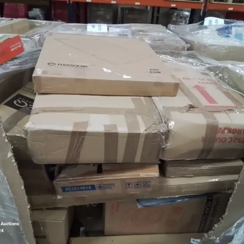 PALLET CONTAINING VARIOUS ASSORTED ITEMS TO INCLUDE: TV STANDS, SOLAR PANEL, SPEAKER SYSTEM, PAPER SHREDDER ETC.