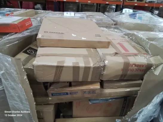 PALLET CONTAINING VARIOUS ASSORTED ITEMS TO INCLUDE: TV STANDS, SOLAR PANEL, SPEAKER SYSTEM, PAPER SHREDDER ETC.