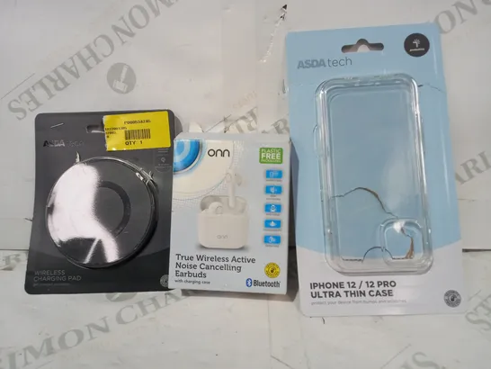 BOX OF APPROXIMATELY 15 ASSORTED ELECTRICAL ITEMS TO INCLUDE ASDA TECH IPHONE 12 THIN CASE, ONN TRUE WIRELESS ACTIVE NOISE CANCELLING EARBUDS, ASDA TECH WIRELESS CHARGING PAD, ETC