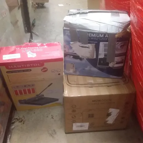 PALLET OF ASSORTED ITEMS INCLUDING AIR BED, DOUBLE AIR FRYER, VINYL FLOORING CUTTER, ORANGE 1 SEATER CHAIR