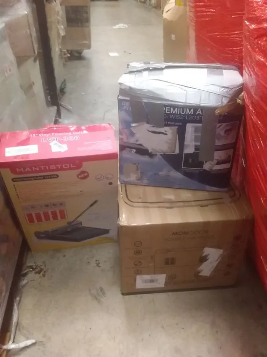 PALLET OF ASSORTED ITEMS INCLUDING AIR BED, DOUBLE AIR FRYER, VINYL FLOORING CUTTER, ORANGE 1 SEATER CHAIR