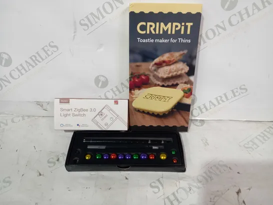 LOT OF APPROXIMATELY 10 ASSORTED HOUSEHOLD ITEMS TO INCLUDE CRIMPIT TOASIE MAKER FOR THINS, MOES SMART ZIGBEE 3.0 LIGHT SWITCH, ELEGANCY FIDGET PEN, ETC