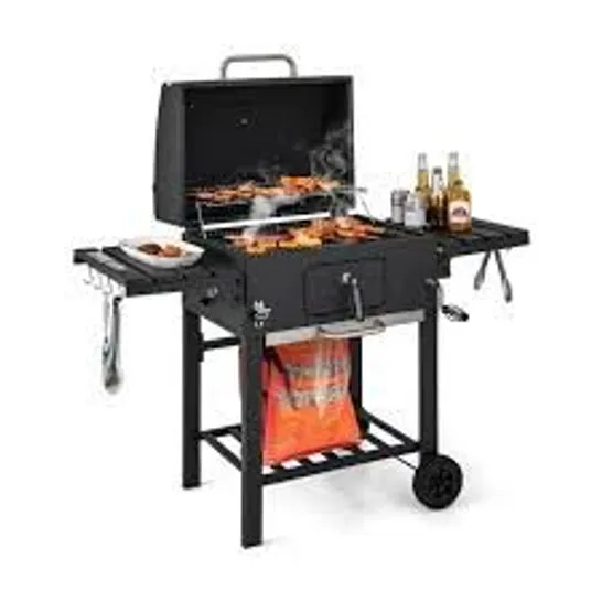 BOXED COSTWAY CHARCOAL GRILL WITH LID & 2 FOLDING SIDE TABLES & 8 HOOKS & THERMOMETER & BOTTLE OPENER (1 BOX)