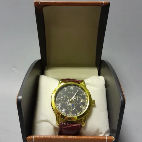 BOXED LA BANUS MENS QUARTZ CHRONOGRAPH WATCH BLACK FACE WITH GOLD DIAL 