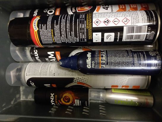 LOT OF APPROXIMATELY 12 AEROSOLS & SPRAYS, TO INCLUDE CONTACT ADHESIVE, DRY SHAMPOO, UNDER-BODY SEAL, ETC