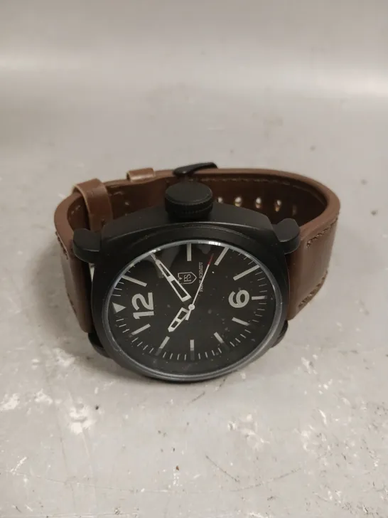 MENS FRANK SCHMIDT WATCH – LARGE BLACK CASE – BLACK PILOT DIAL – BROWN LEATHER STRAP