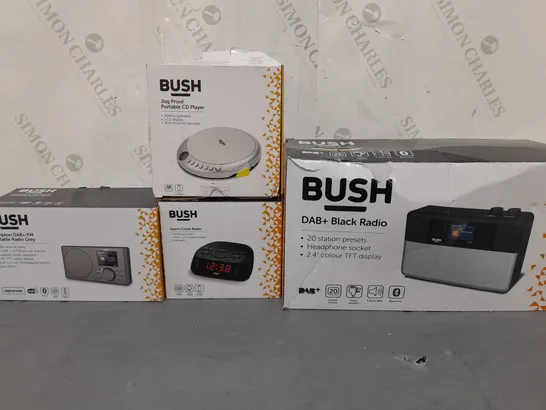 BOX OF APPROXIMATELY 15 ASSORTED ITEMS TO INCLUDE - BUSH PORTABLE CD PLAYER , ALARM CLOCK RADIO , DAB+ BLACK RADIO ECT