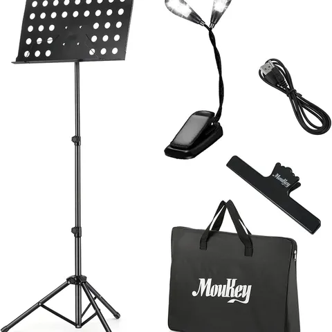 BRAND NEW BOXED MOUKEY SHEET MUSIC STAND FOLDING WITH LED LIGHT WITH CARRYING BAG, METAL TRIPOD STAND, MUSIC CLIP HOLDER, ADJUSTABLE FROM 23" TO 62"  (1 BOX)