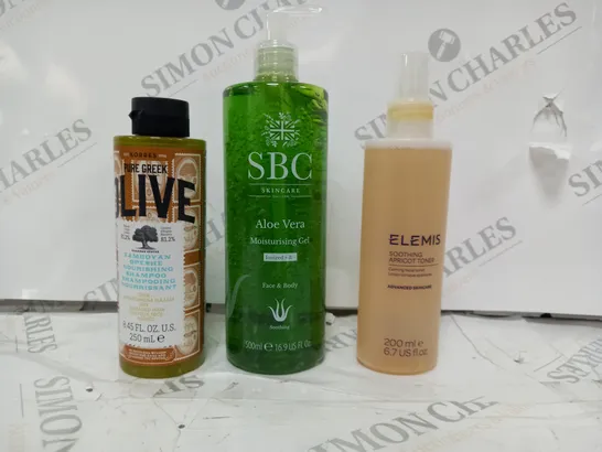 3 ASSORTED PRODUCTS INCLUDING SBC ALOE VERA MOISTURISING GEL, PURE GREEK OLIVE SHAMPOO, ELEMIS SOOTHING APRICOT TONER