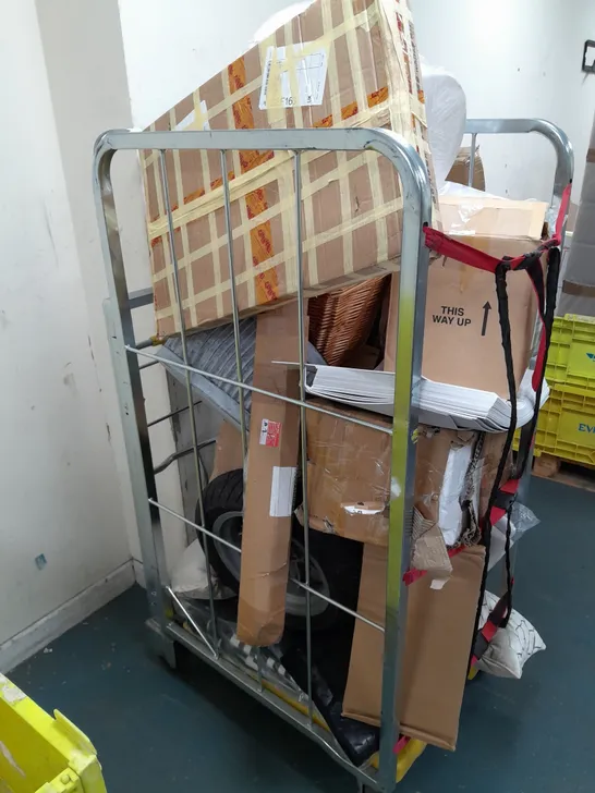 CAGE OF ASSORTED HOUSEHOLD ITEMS TO INCLUDE MIXING BUCKET, COSMETICS ORGANISER, THROW CUSHIONS, CAR MATS, AND PLANTERS ETC. 