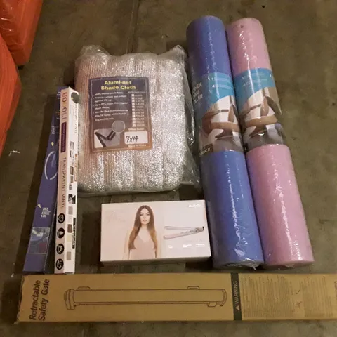 PALLET OF ASSORTED PRODUCTS INCLUDING RETRACTABLE SAFETY GATE, HAIR STRAIGHTENERS, FOAM ROLLERS, ALUMI-NET SHADE CLOTH, TRANSPARENT VINYL, AUTOMATIC FUEL PUMP 