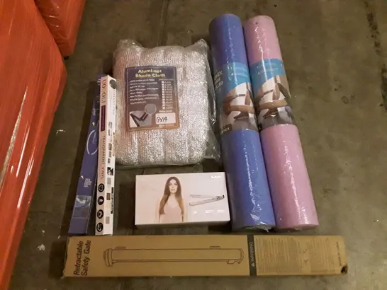 PALLET OF ASSORTED PRODUCTS INCLUDING RETRACTABLE SAFETY GATE, HAIR STRAIGHTENERS, FOAM ROLLERS, ALUMI-NET SHADE CLOTH, TRANSPARENT VINYL, AUTOMATIC FUEL PUMP 