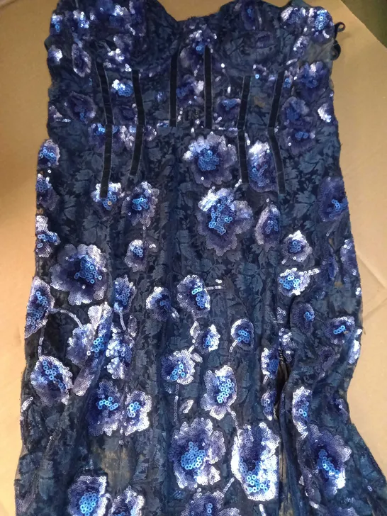 DESIGNER SHEER CORSET BLUE NET/SEQUIN DETAILED STATEMENT DRESS - MEDIUM