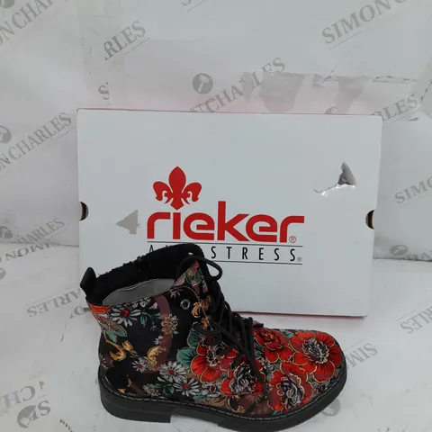 BOXED PAIR OF RIEKER LACE UP BOOTS MULTI/FLORAL PATTERN - SIZE 5