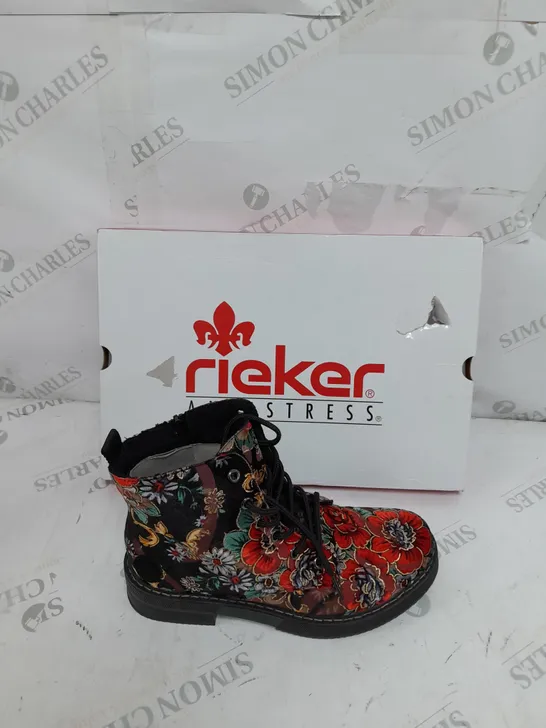 BOXED PAIR OF RIEKER LACE UP BOOTS MULTI/FLORAL PATTERN - SIZE 5