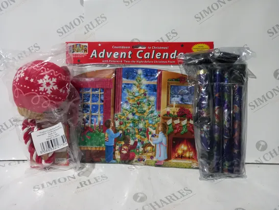 BOX OF APPROXIMATELY 15 ASSORTED HOUSEHOLD ITEMS TO INCLUDE COUNTDOWN TO CHRISTMAS ADVENT CALENDAR, WALKING STICK, DOG TOY, ETC