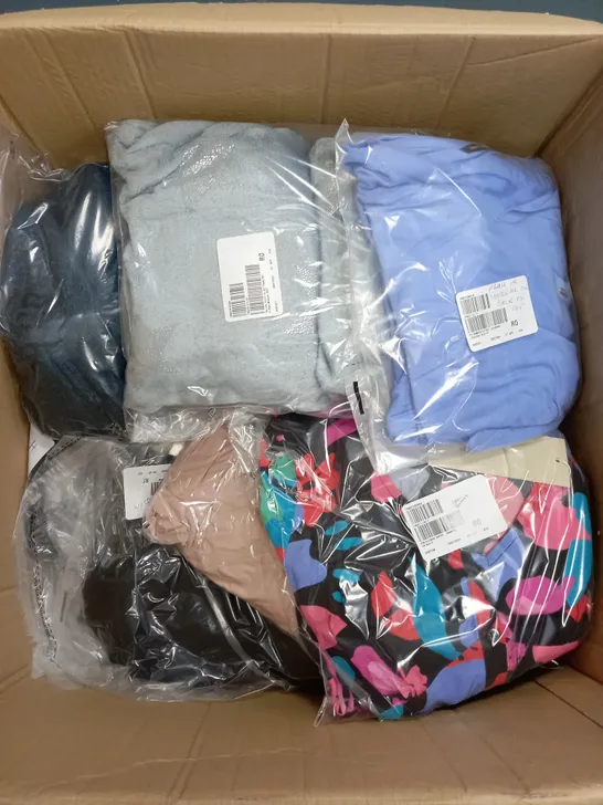 LARGE BOX OF APPROXIMATELY 40 CLOTHING ITEMS ALL IN DIFFRENT COLOURS AND SIZES 