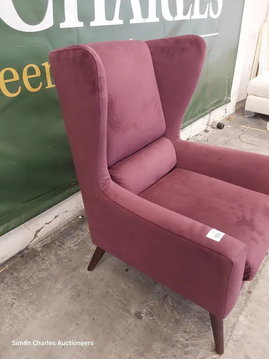 QUALITY BRITISH DESIGNER LOUNGE Co. WINGED EASY CHAIR AUBERGINE PLUSH FABRIC 