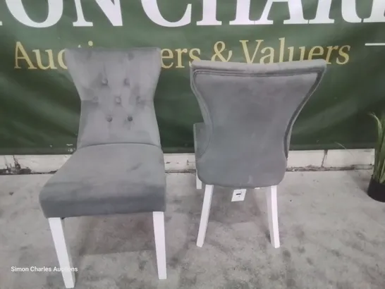 PAIR BEWLEY GREY VELVET BUTTONED BACK DINING CHAIRS WHITE LEGS