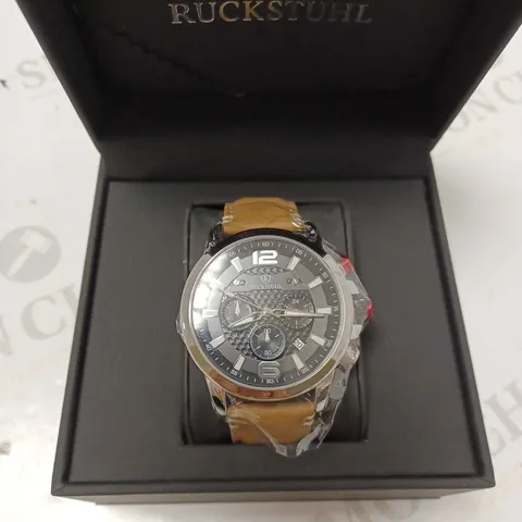 RUCKSTUHL BLACK TRIPLE DIAL BROWN LEATHER STRAP WRISTWATCH