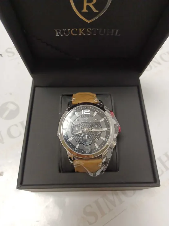 RUCKSTUHL BLACK TRIPLE DIAL BROWN LEATHER STRAP WRISTWATCH