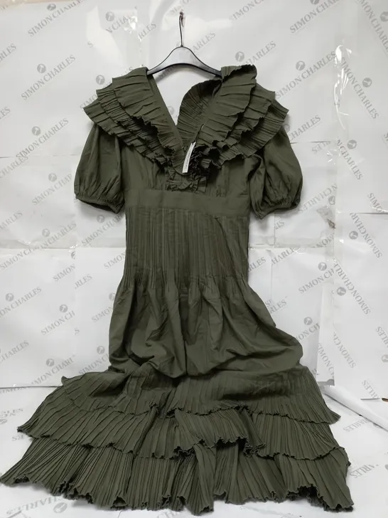 DOROTHY PERKINS TIERED PLEATED MIDI DRESS IN KHAKI - SIZE 12