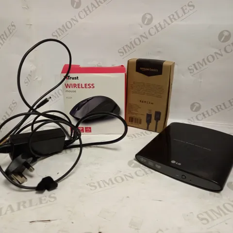 LOT OF APPROXIMATELY 10 ASSORTED ELECTRICAL ITEMS, TO INCLUDE MOUSE, DVD DRIVE, AC ADAPTER, ETC