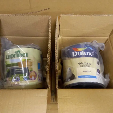 LOT OF APPROX 4 ASSORTED PACKAGED BOXED PAINTS TO INCLUDE: DULUX WALLS & CEILINGS, CUPRINOL GARDEN WOOD PAINT