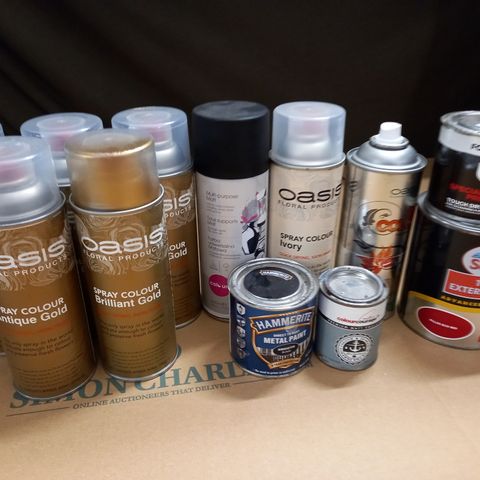 LOT OF 12 ASSORTED PAINT ITEMS TO INCLUDE SPRAY PAINT, METAL PAINT AND EXTERIOR GLOSS