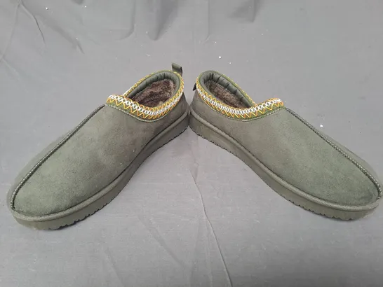 BOXED PAIR OF DESIGNER FAUX FUR SLIP0ON SHOES IN GREEN EU SIZE 41