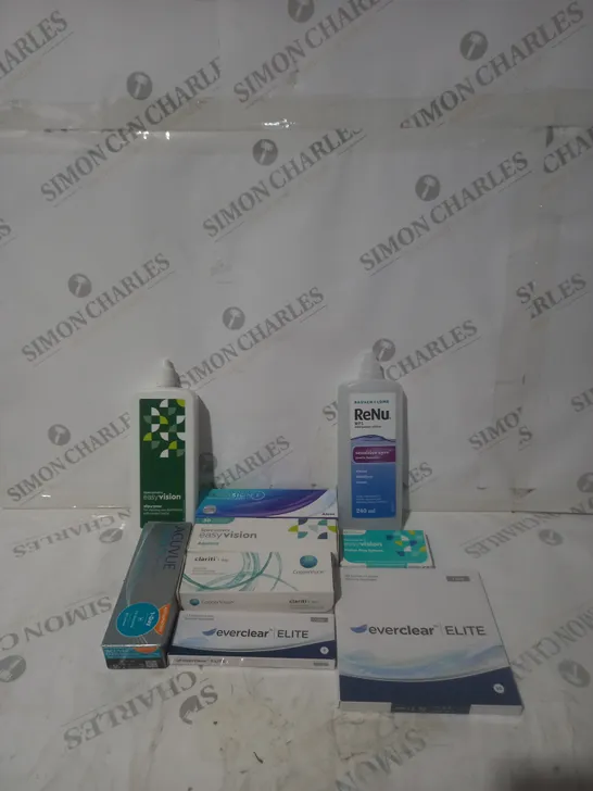 BOX OF APPROXIMATELY 50 ASSORTED CONTACT LENSES AND EYE TREATMENT TO INCLUDE EVERCLEAR, EASY VISION AND RENU 