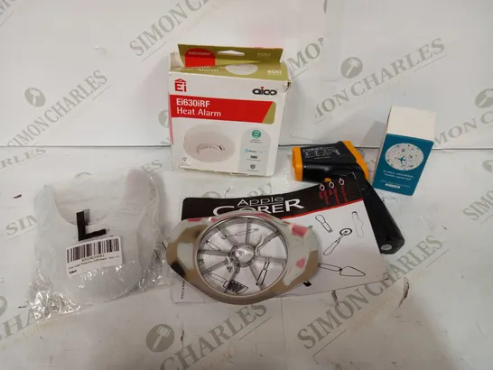 BOX OF APPROX 30 ASSORTED ITEMS TO INCLUDE - APPLE SLICER, HEAT ALARM, IR THERMOMETER ETC