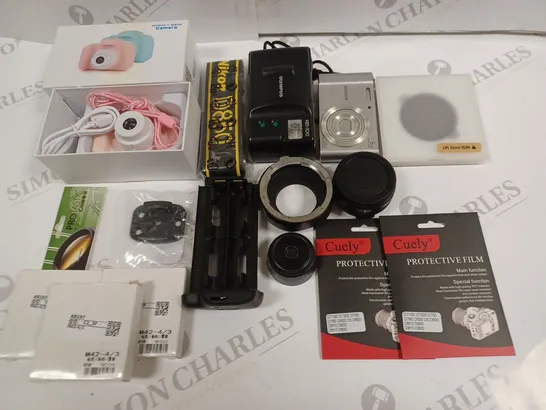 LOT OF ASSORTED CAMERAS AND ACCESSORIES TO INCLUDE SONY CYBERSHOT DSC-W800 AND PANASONIC LUMIX H-H014A LENS