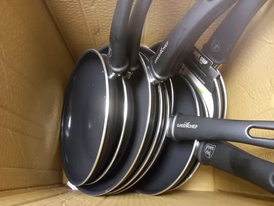 MEDIUM BOX OF GREEN CHEF PANS 