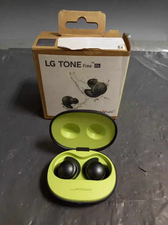 BOXED LG TONE FREE FIT UTF8Q EARBUDS IN BLACK/LIME GREEN