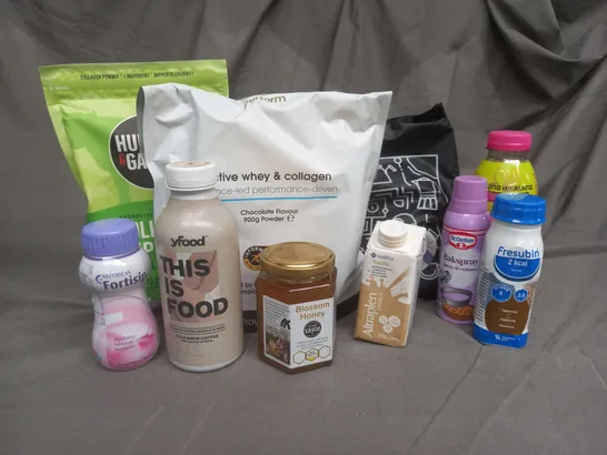 APPROXIMATELY 10 ASSORTED FOOD ITEMS TO INCLUDE - GRIND CARAMEL PODS - PERFORM ACTIVE WHEY & COLLAGEN POWDER - TWO CHIMPS COFFEE BEANS YFOOD COLD BREW MEAL DRINK - ETC - COLLECTION ONLY