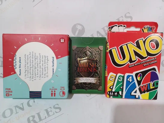 APPROXIMATELY 10 ASSORTED TOYS AND GAMES TO INCLUDE UNO, WELSH LEGENDS, 10 CLUES, ETC