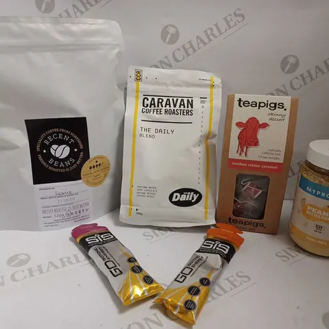 BOX OF APPROX 10 ITEMS TO INCLUDE MYPROTEIN PEANUT BUTTER POWDER, CARAVAN COFFEE ROASTERS BEANS AND SIS ISOTONIC ENERGY GEL