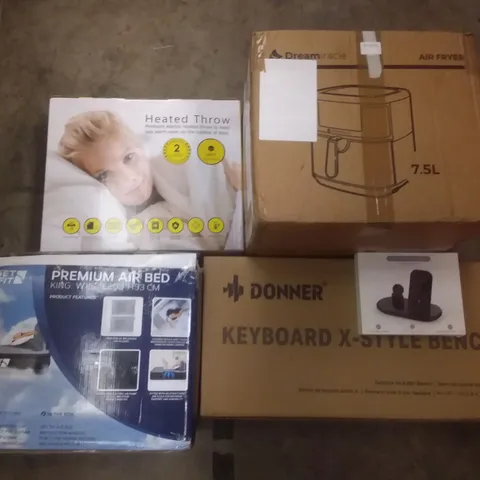 PALLET OF ASSORTED ITEMS INCLUDING HEATED THROW, DREAMIRACLE AIR FRYER, GETFIT PREMIUM AIR BED, DONNER KEYBOARD X-STYLE BENCH