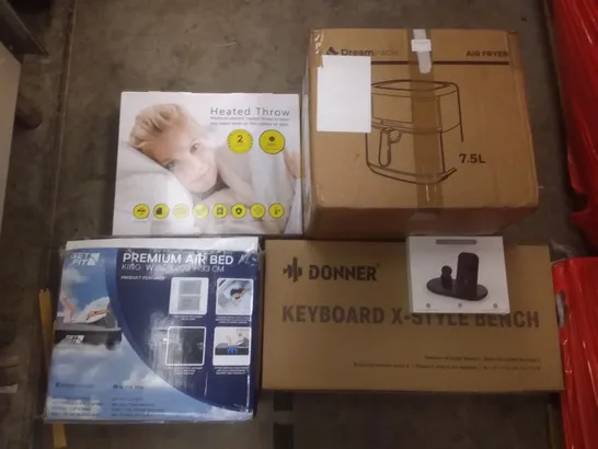 PALLET OF ASSORTED ITEMS INCLUDING HEATED THROW, DREAMIRACLE AIR FRYER, GETFIT PREMIUM AIR BED, DONNER KEYBOARD X-STYLE BENCH