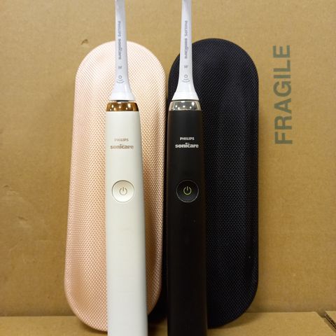 PHILIPS SONICARE DUO - 1 X ROSE GOLD & WHITE, 1 X BLACK & LIME GREEN - WITH MAGNETIC CHARGER, 2 X CARRY CASES & 1 X GLASS