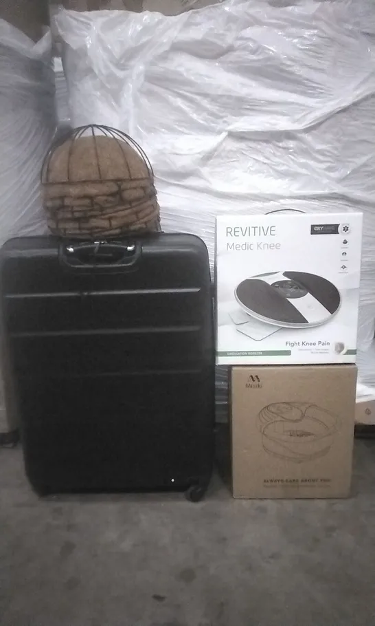 PALLET OF ASSORTED ITEMS INCLUDING REVITIVE MEDIC KNEE CIRCULATION BOOSTER, MISIKI FOOT SPAR, AEROLITE LARGE SUITCASE AND HANGING BASKETS 