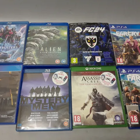 SET OF APPROX 8 ASSORTED ITEMS TO INCLUDE - PS4 FARCRY 5 , XBOX ONE EA SPORTS FC24 , BLUERAY MYSTERY MEN ETC