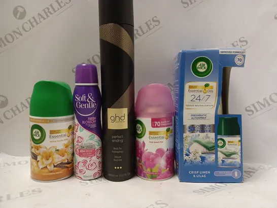 BOX OF APPROX 10 ASSORTED AEROSOLS TO INCLUDE GHD HAIRSPRAY, SOFT&GENTLE DEODORANT, AIR WICK AIR FRESHENER, ETC 