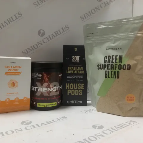 BOX OF APPROX 6 ASSORTED FOOD ITEMS TO INCLUDE - MY VEGAN GREEN SUPERFOOD BLEND PEACH & MANGO - ZOOKI CALLAGEN ZOOKI MANGO PEACH - BETTER COFFEE HOUSE PODS BRAZILIAN LOVE AFFAIR ECT