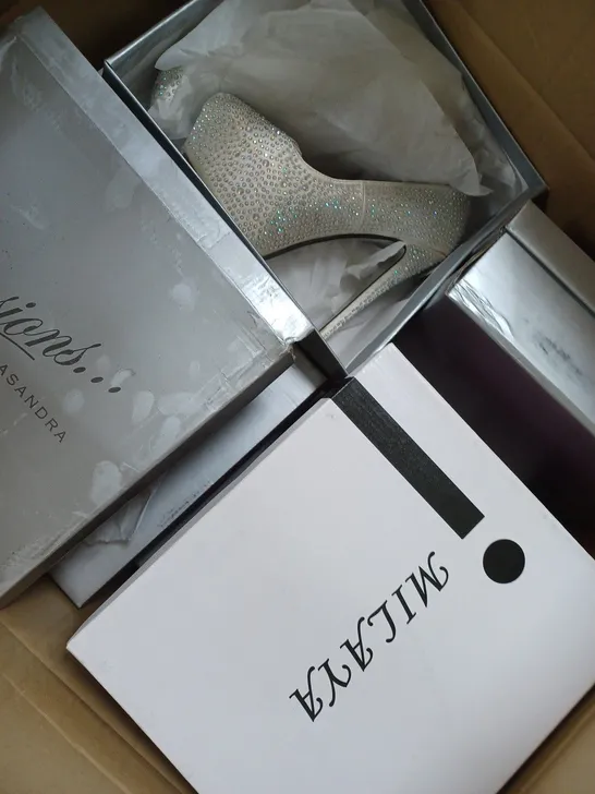 BOX OF APPROXIMATELY 15 PAIRS OF SHOES TO INCLUDE GEM HEELS, WHITE HEELS, FLORAL HEELS ETC