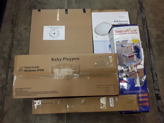 PALLET OF ASSORTED PRODUCTS INCLUDING BODY CLOCK, FOLDABLE DRYING RACK, BABY PLAYPEN, TOILET SEAT, 3 LAYERS OF CLOTHES HANGERS 