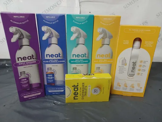 6 BOXED HELLO NEAT PRODUCTS TO INCLUDE ALL PURPOSE FLOOR CLEANER STARTER PACK, DAILY SHOWER STARTER PACK, ANT-BAC BATHROOM CLEANER STARTER PACK, ETC