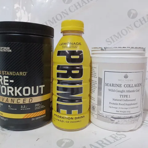 APPROXIMATELY 8 ASSORTED FOOD & DRINK ITEMS TO INCLUDE PRIME LEMONADE FLAVOUR DRINK (500ML), OPTIMUM NUTRITION GOLD STANDARD PRE-WORKOUT, MARINE COLLAGEN, ETC